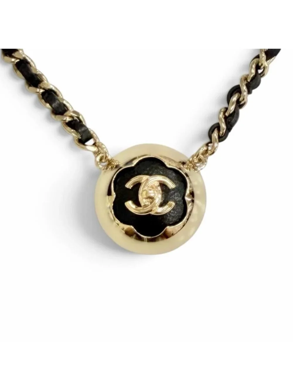 Chanel CC Logo Camellia Leather Chain Necklace Choker Gold Black